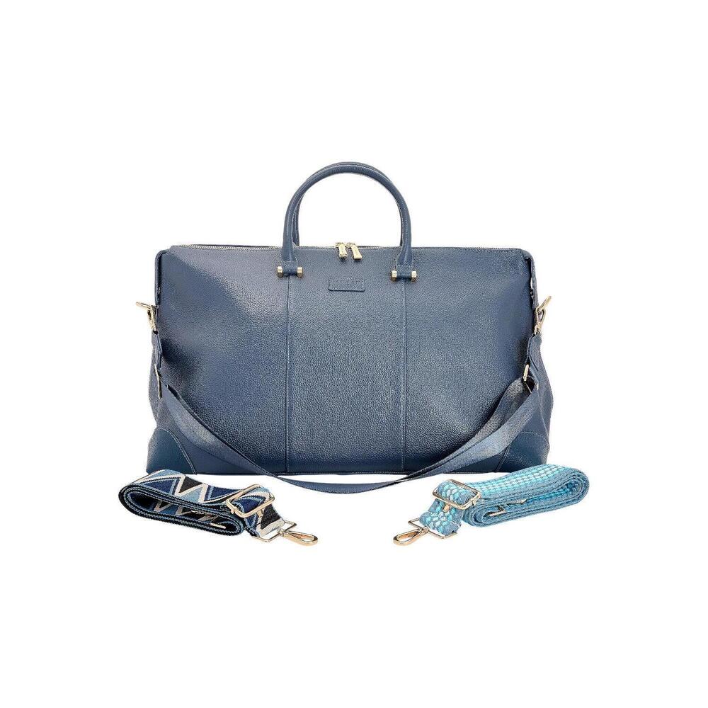 Pom Pom London Leather Weekend Bag with Multi-Straps Slate Blue